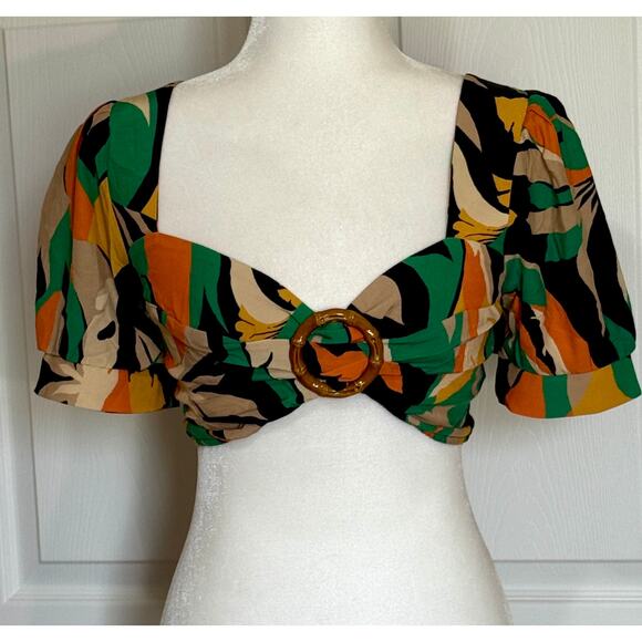 Mallory Size S Dolce Green Crop Pop. Puff sleeves elastic shirred back tie neck - Picture 1 of 6